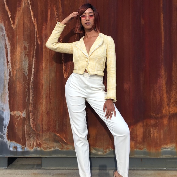 Cropped Yellow Tweed Blazer by Cabi sz xs - Picture 4 of 5